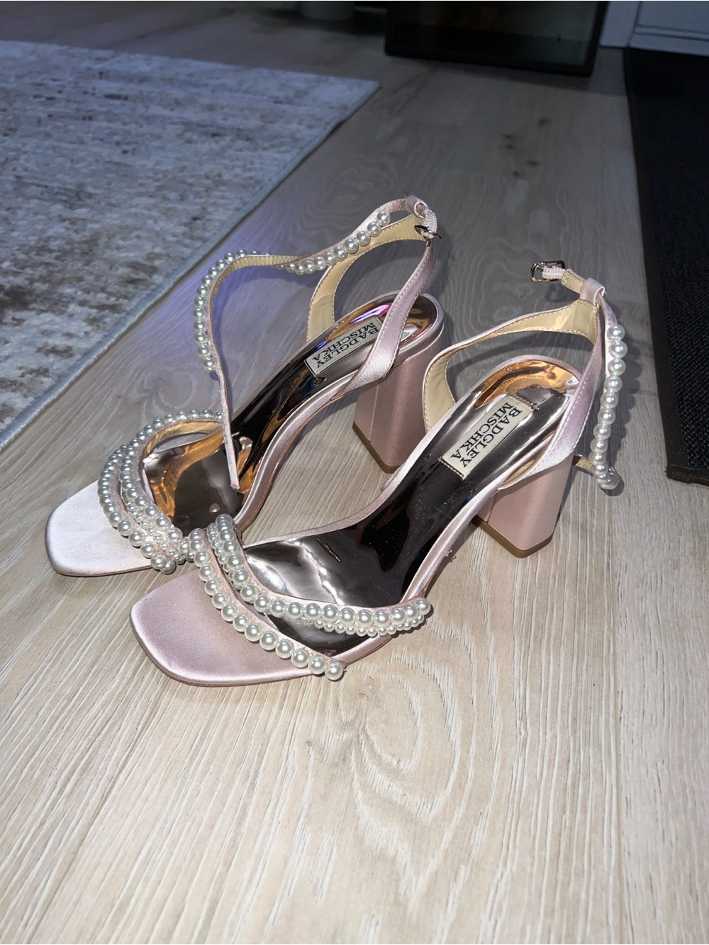 Badgley Mischka Feisty Pearl Block Heel - Blush pink 8